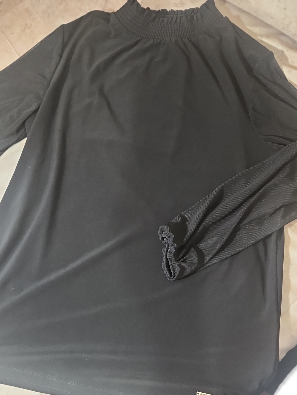 Anne Klein Black Long (Sheer) Sleeve Smocked Neck Blouse